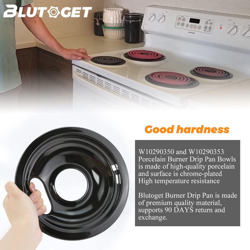 W10290350 W10290353 Porcelain Burner Drip Pan Bowls Replacement by Blutoget - Fits Whirl-pool Electric Range Cooktop Includes 2 Pack 8-Inch and 2 Pack 6-Inch Pans(Black Porcelain)