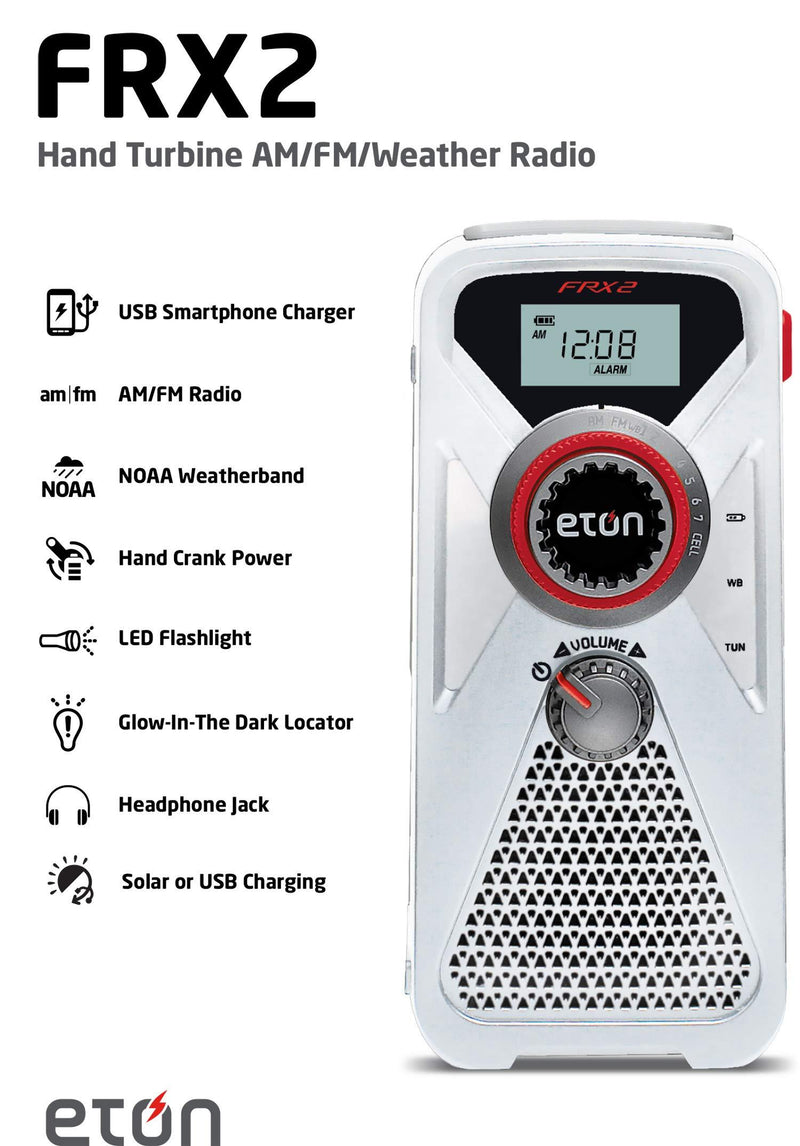 Eton FRX2 Hand Turbine AM/FM/NOAA Weather Radio with USB Smartphone Charger and LED Flashlight ARCFRX2WXW