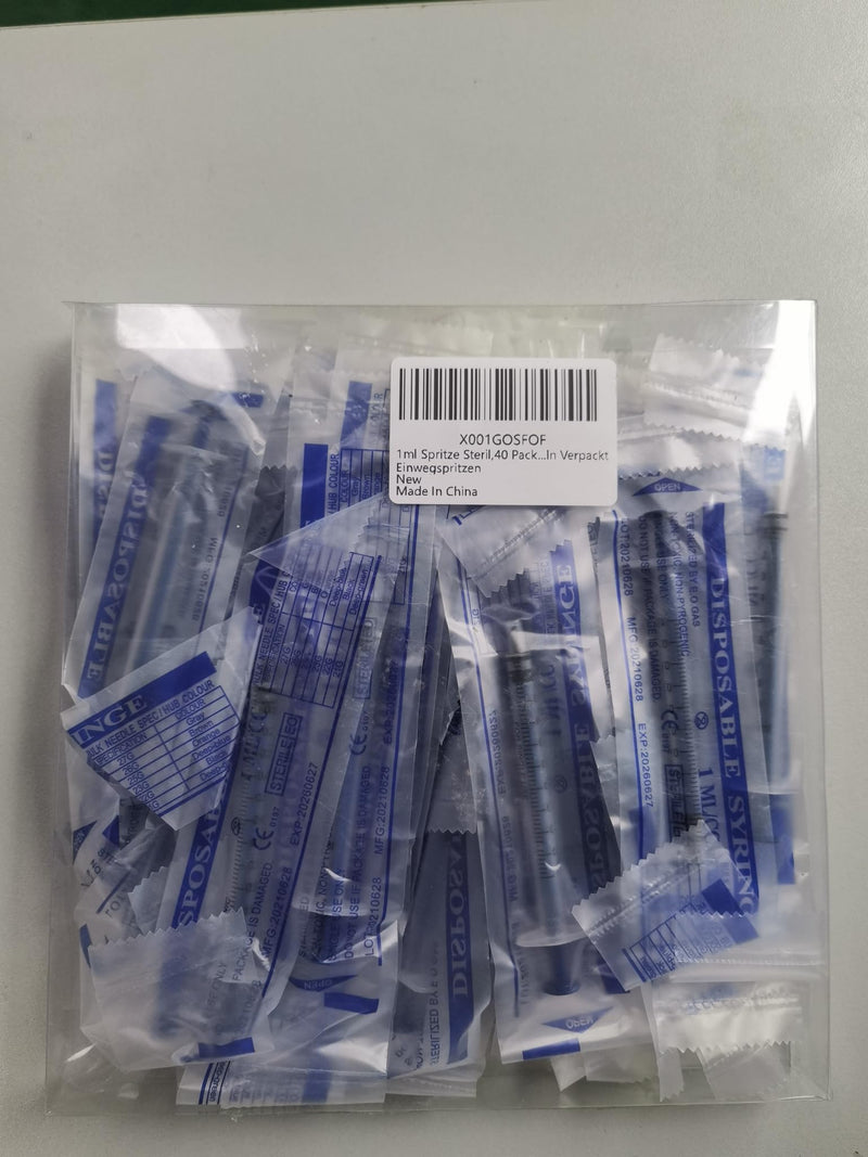 1 ml syringe sterile, 40 pack plastic syringes with cap, dosing syringe for measuring and dosing liquids, plastic syringe, individually packed disposable syringes