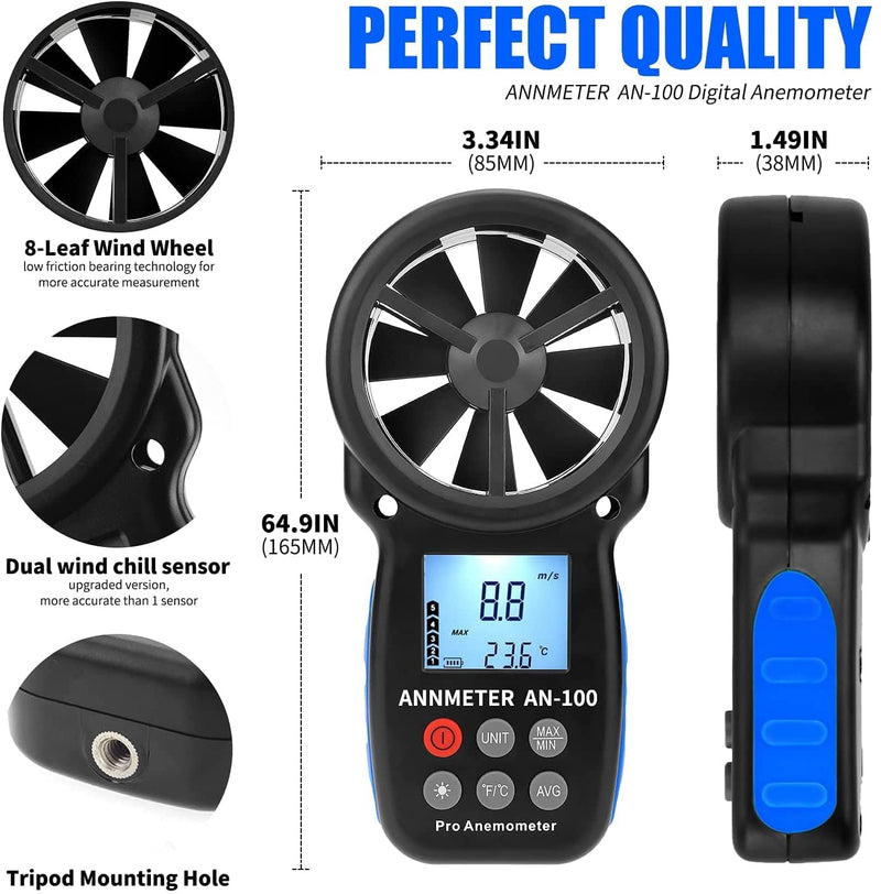 AIOMEST Digital Anemometer, Wind Gauge Wind Gauge Handheld, AI-100 Wind Gauge CFM Wind Speed Meter for Wind Speed Temperature Wind Chill Tester, HVAC