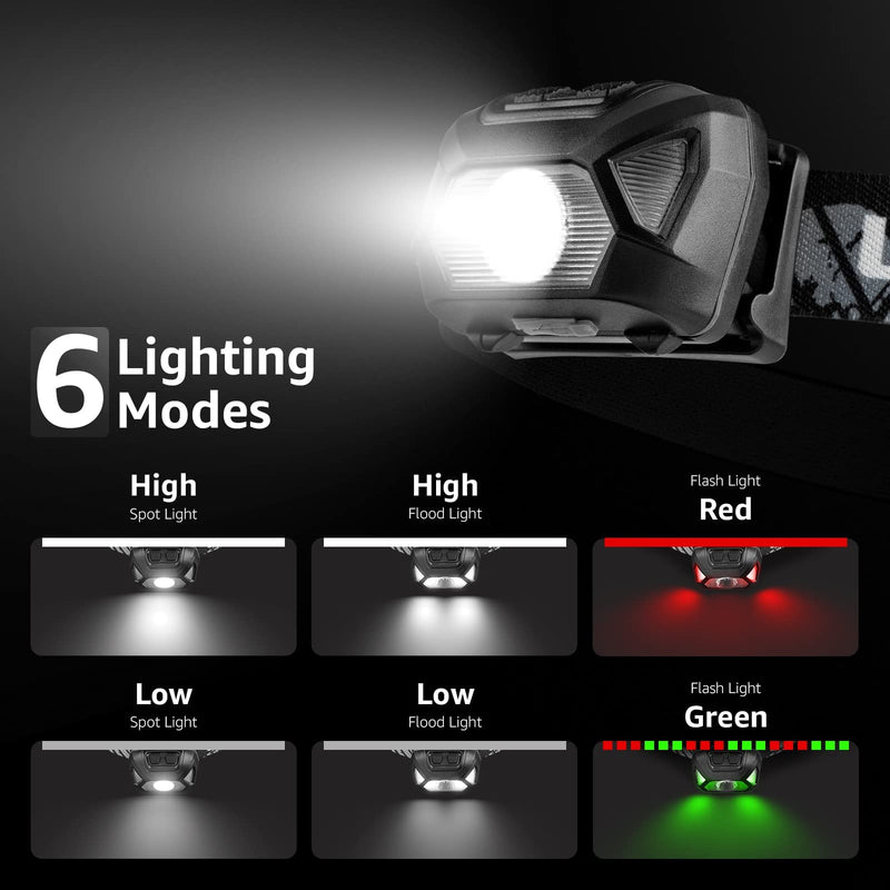 LE LED Headlamp Rechargeable, 6 Modes, Super Bright, Lightweight and Comfortable, IPX4 Rate, Rechargeable Headlamp for Adults and Kids, USB Cable Included, 2 Pack