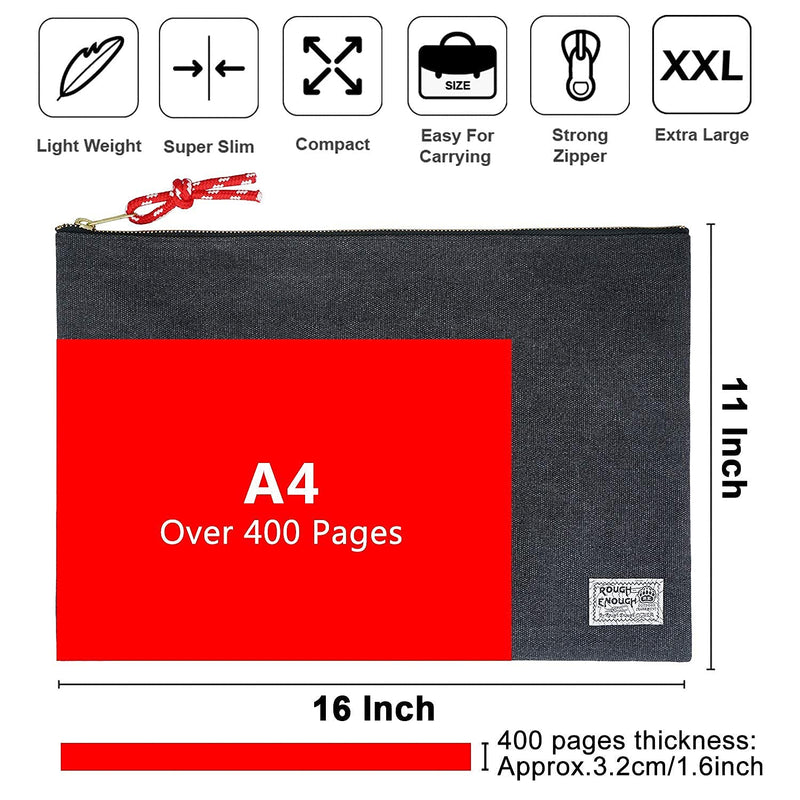 Rough Enough Large File Folder Organizer Document Holder Safe Case Canvas Zipper Pouch Bag for Filing Letter Size Legal A4 Manila Notebooks Papers Art Supplies Black