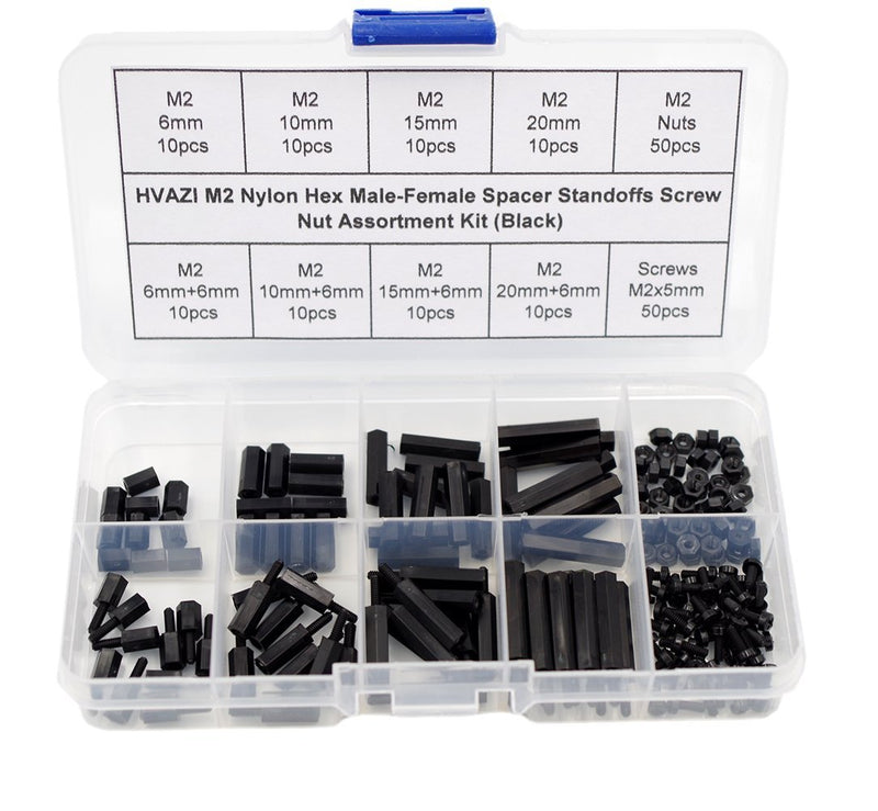 HVAZI M2 Nylon Hex Male-Female Spacer Standoffs Screw Nut Assortment Kit (Black) 180PCS/M2 Black