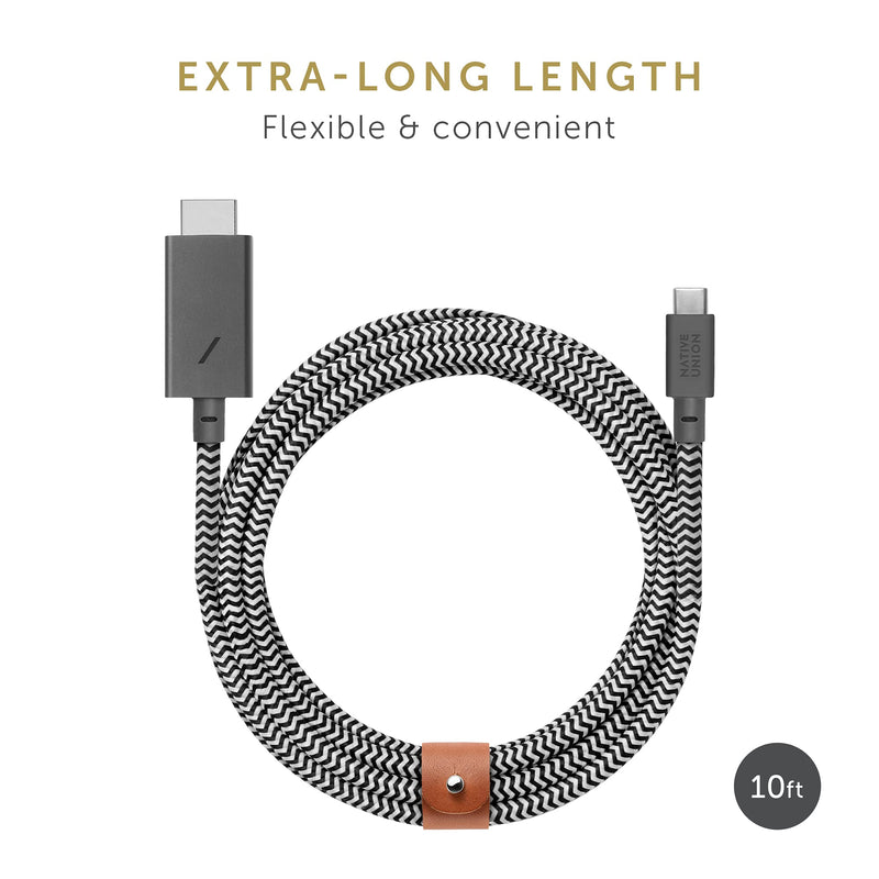NATIVE UNION Belt HDMI 2.0 USB-C to HDMI Cable (4K@60Hz) - 10ft Ultra-Strong Reinforced Cable [MFi Certified] Compatible with MacBook Pro 2017-2020, MacBook Air/iPad Pro 2018 and More USB-C Devices