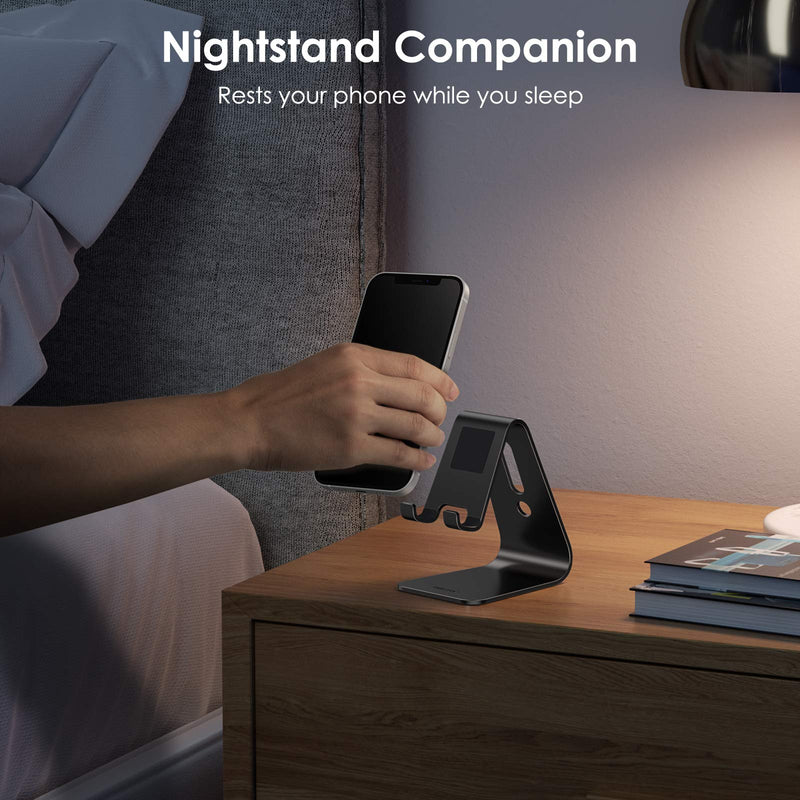 Upgraded Aluminum Cell Phone Stand, OMOTON C1 Durable Cellphone Dock with Protective Pads, Smart Stand Designed for iPhone 11 Pro Max XR XS 8 Plus 7 SE, iPad Mini, Android Phones, Black