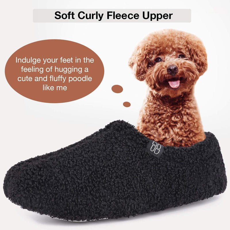 HomeTop Women's Fuzzy Curly Fur Memory Foam Loafer Slippers with Polar Fleece Lining 5-6 Black