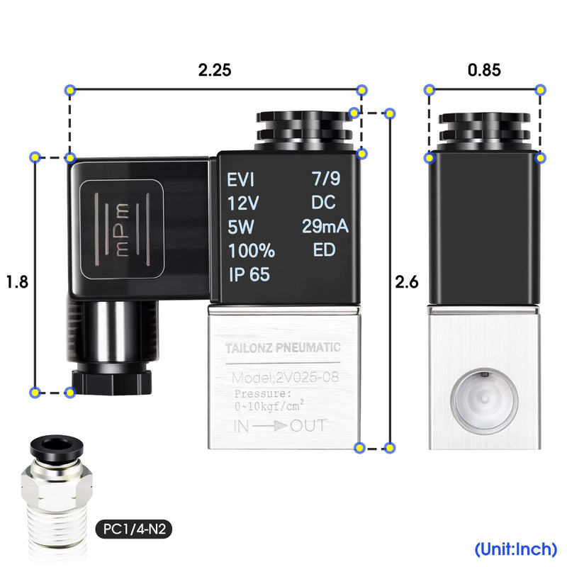 Tailonz Pneumaitc 1/4 inch NPT 12V/24V/110V/220V Way Normally Closed Electric Solenoid Air Valve 2V025-08 1/4"NPT DC12V