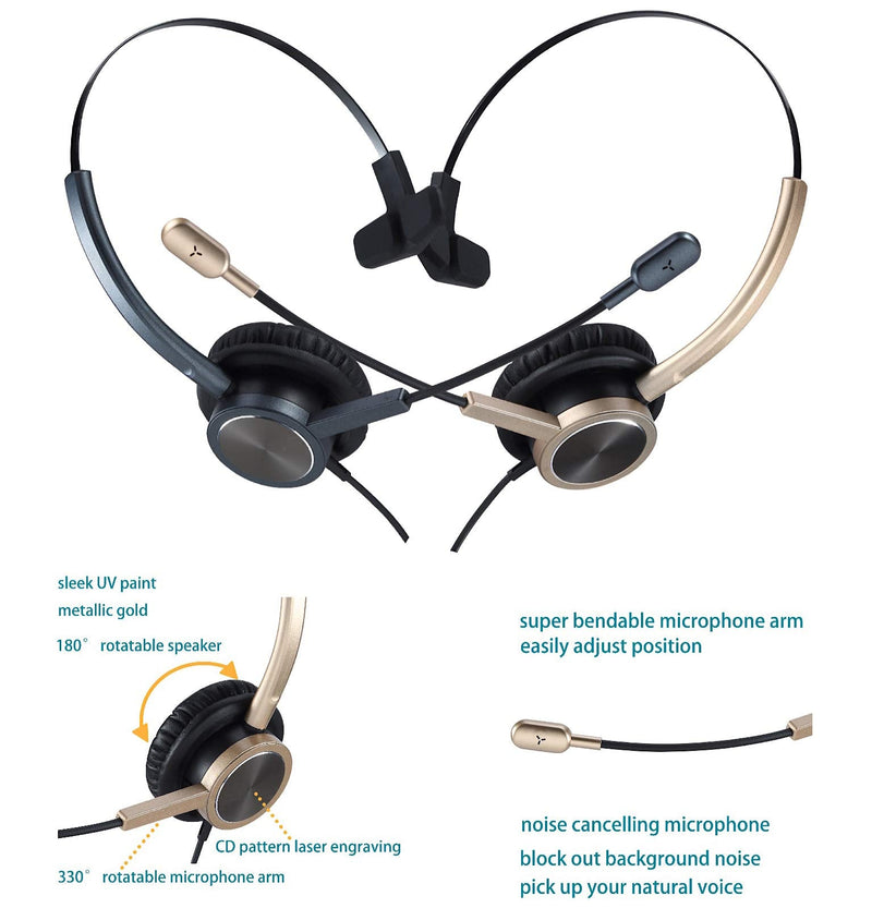 USB VoIP Headset for Teleconference, Video Conferencing Headset for PC, Professional Headset for Business Office Work from Home, Monaural Work Headset with Mute Button and Noise Cancelling Microphone Gold Single Ear