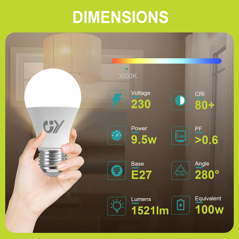 GY E27 LED warm white lamp 9.5W 3000K 1521 lumens warm white bulb, A60 energy saving lamp replaces 100W halogen lamp, non-dimmable LED bulbs, 2 pieces [energy efficiency class C] A60-9.5w3000k 2 pieces
