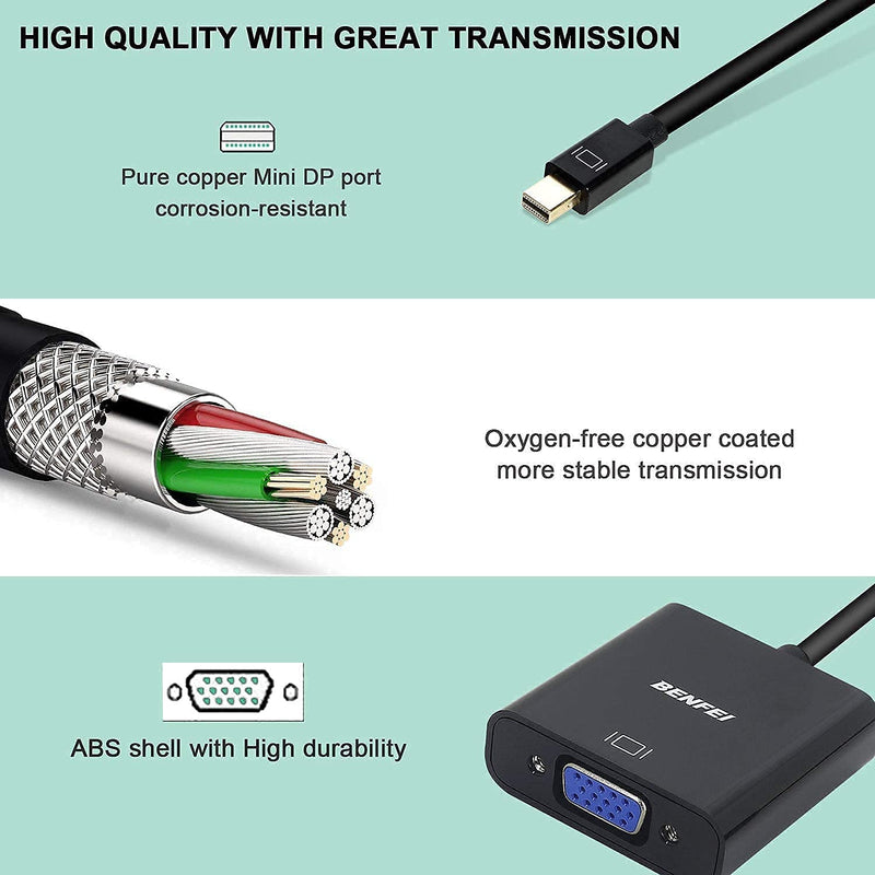 Mini DisplayPort to VGA, Benfei Mini DP Display Port to VGA (Thunderbolt Compatible) Male to Female Adapter Compatible for ThinkPad SurfacePro PC 1 PACK