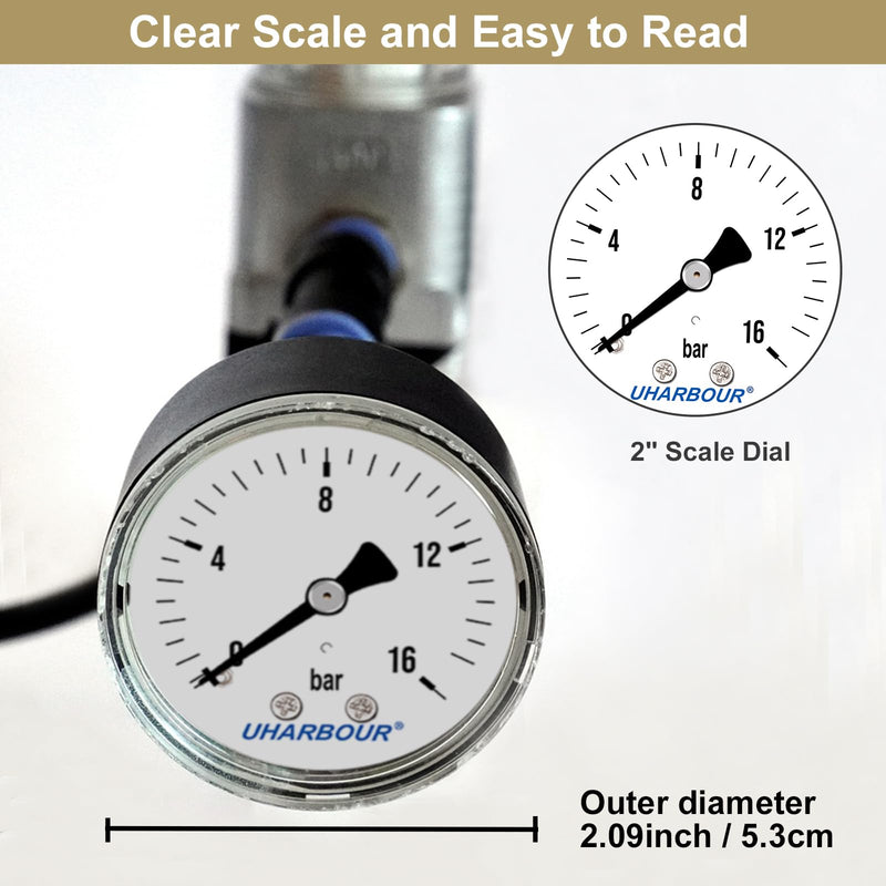 UHARBOUR pressure gauge water 0-16 bar, pressure gauge 1/4 inch, pressure gauge compressed air holder on the back, compressed air pressure gauge 1/4 BSP brass connection