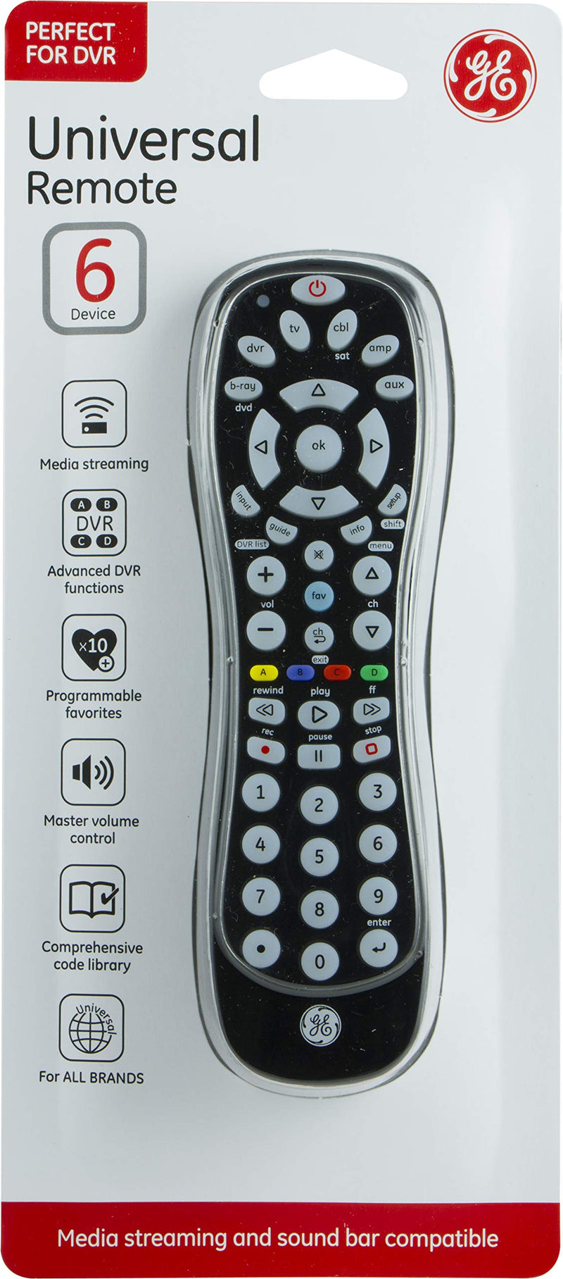 GE Universal Remote Control for Samsung, Vizio, Lg, Sony, Sharp, Roku, Apple TV, TCL, Panasonic, Smart TVs, Streaming Players, Blu-Ray, DVD, 6-Device, Black, 34459