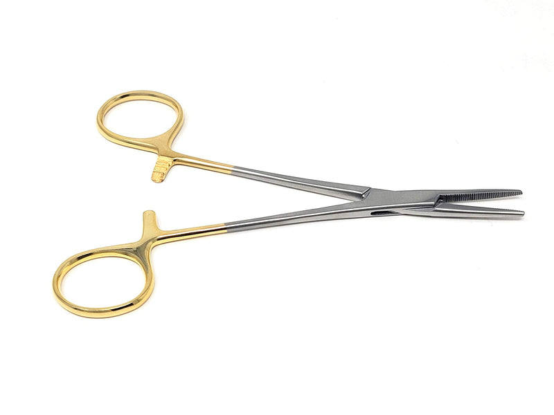 Mosquito Hemostat Locking Forceps 5" Straight with Full Serrated Jaws Ideal for Clamping, Fishing, Firefighters Nurses Doctors + More (Gold Handle) Gold Handle