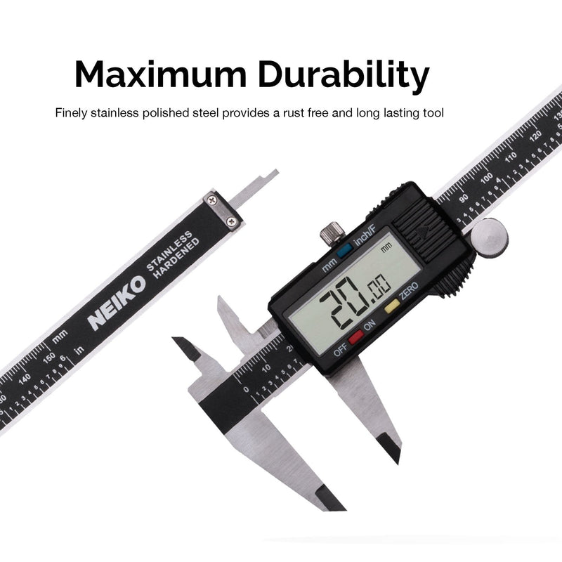 NEIKO 01407A Electronic Digital Caliper | 0-6 Inches | Stainless Steel Construction with Large LCD Screen | Quick Change Button for Inch/Fraction/Millimeter Conversions 6 inch 6" BLACK