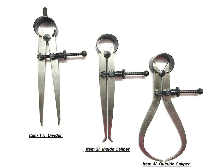 3 Pieces Spring Caliper Set - Inside, Outside & Divider 4" Inch / 100 mm - Measuring Tool, Workshop, Tool Room