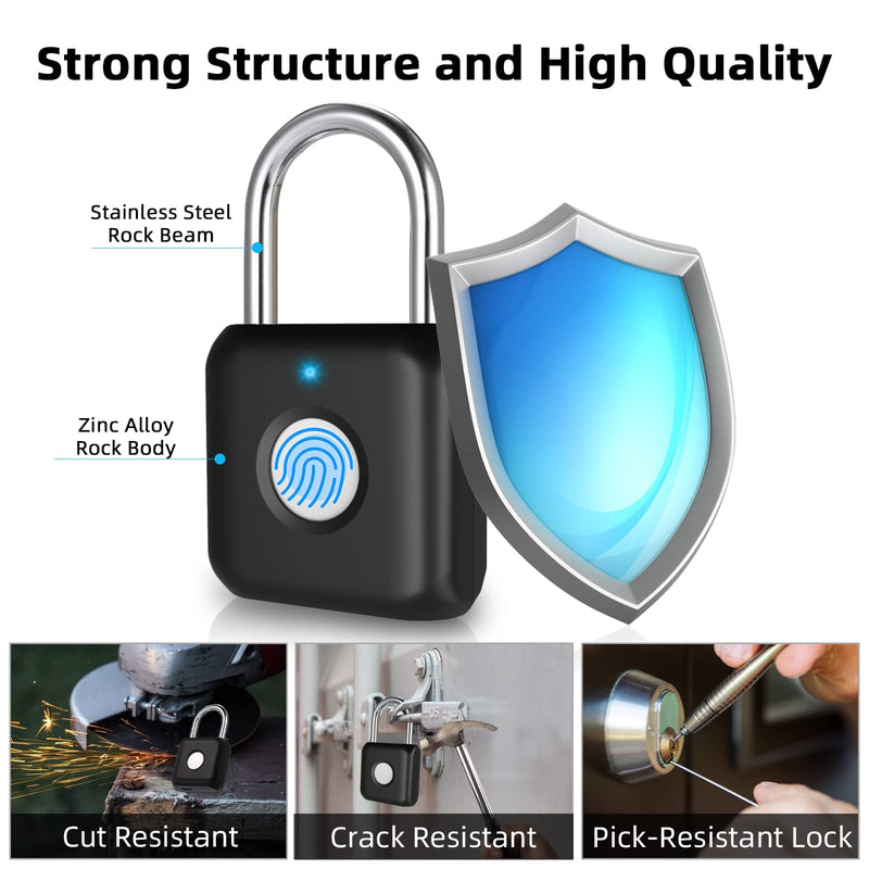 Fingerprint Padlock, Pothunder Smart Padlock with Keyless Biometric, Bluetooth Lock, Biometric Padlock, Suitable for Gym, Sports, Bike, School, Locker and Storage(P8BF-Black) Black