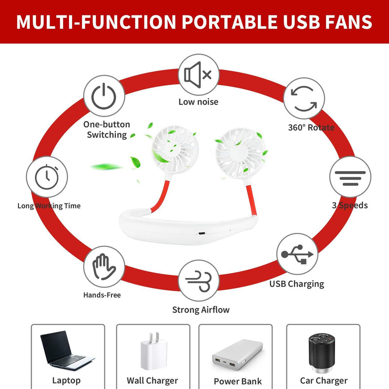 Portable Neck Fan Rechargeable Personal Hand-Free Fan Mini USB Wearable Neckband Sport Fan, 3 Speed Adjustable, 360 Degrees Free Rotation Perfect for Working, Traveling, Office, Reading (White) White