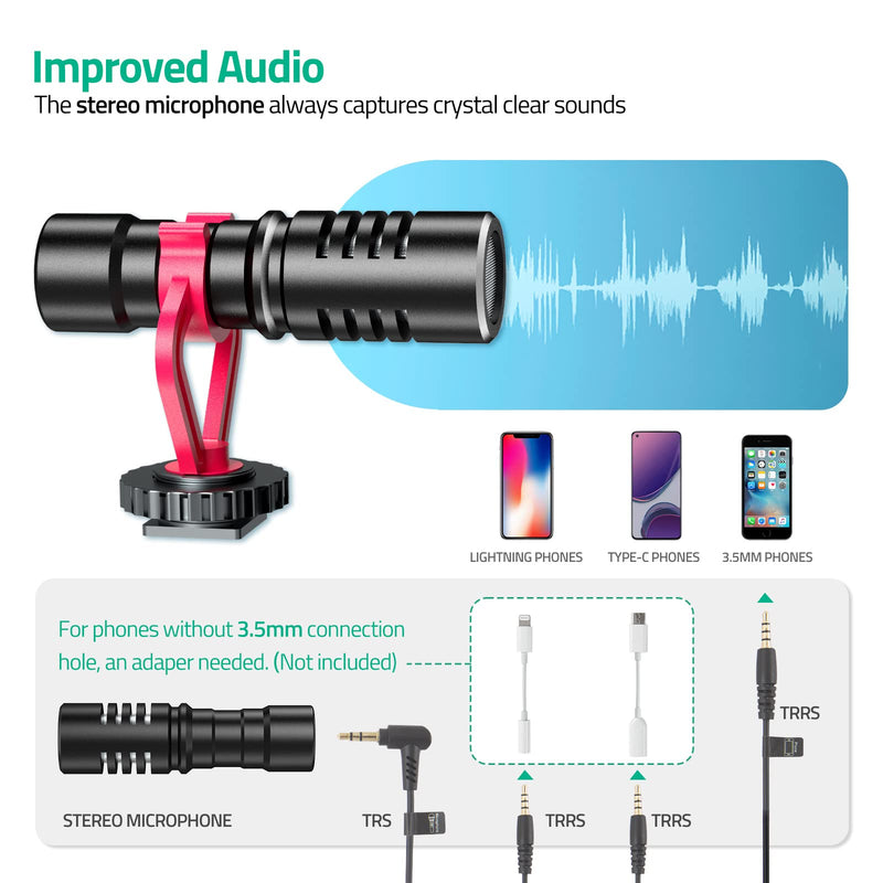 Smartphone Video Vlogging Kit with LED Light, Phone Holder, Microphone, Tripod Vertical & Horizontal Kit, Compatible with iPhone/Android, Content Creator Kit for YouTube Recording Facebook Live BLK