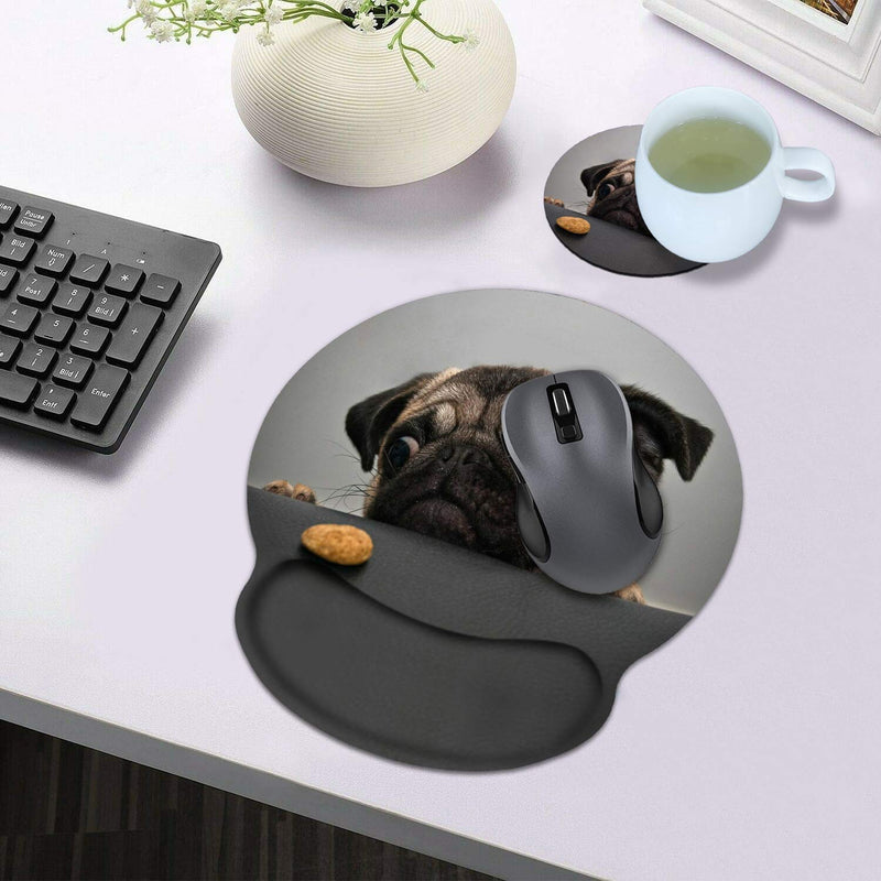 LOWORO Ergonomic Mouse Pad Wrist Support with Coasters Set, Cute Large Wrist Rest Pad with Non-Slip PU Base for Laptop Computer Home Office Working Gaming Pain Relief, Cute Pug