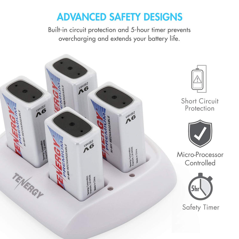 Tenergy TN136 4 Bay 9V Smart Charger with 4 Pieces Tenergy Premium 9V NiMH Rechargeable Batteries Charger + 4 Pc Premium Batteries