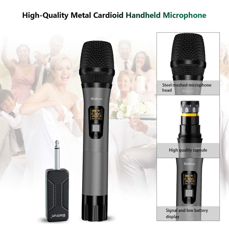 Bietrun Wireless Microphone, UHF Metal Dynamic Handheld Karaoke Mic with Rechargeable Receiver (Work 6hs), 160ft Range, For Karaoke Machine Singing, Amplifier Speaker, Mixer, iphone, Camera, Interview black