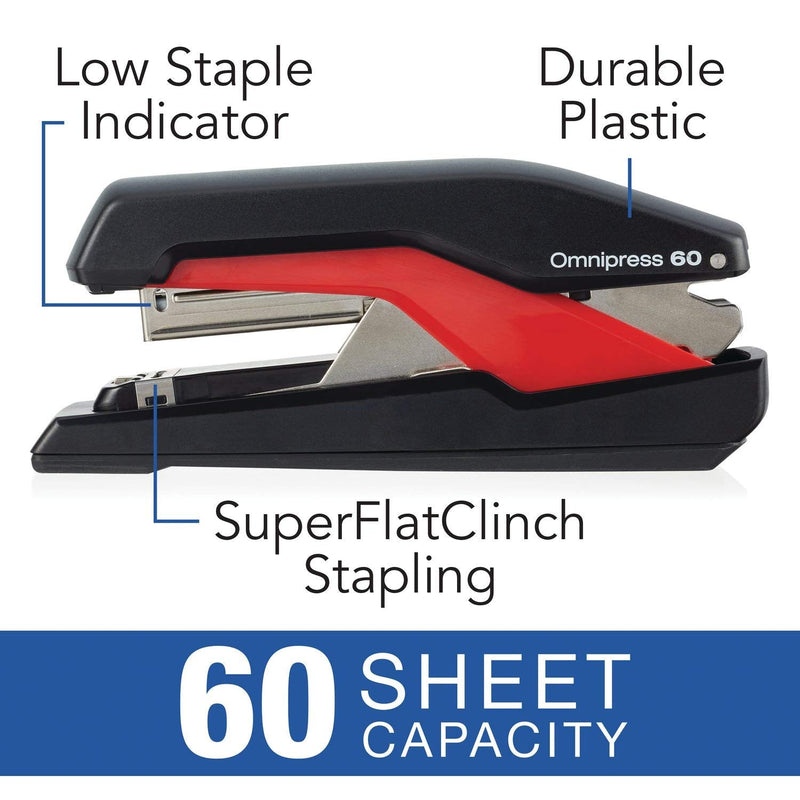 Swingline Stapler, Omnipress 60 Stapler,"Press Anywhere for Easier Use", 60 Sheet Capacity, Black/Red (5000591A)