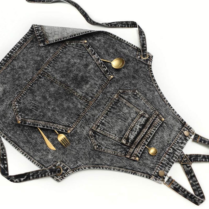 Jeanerlor - Denim Apron with Pockets for Hair Stylist Gardening Craftsmen Barista Women Hairdresser Jean Work Apron Cross Straps & Adjustable S to L ( Black ) Medium