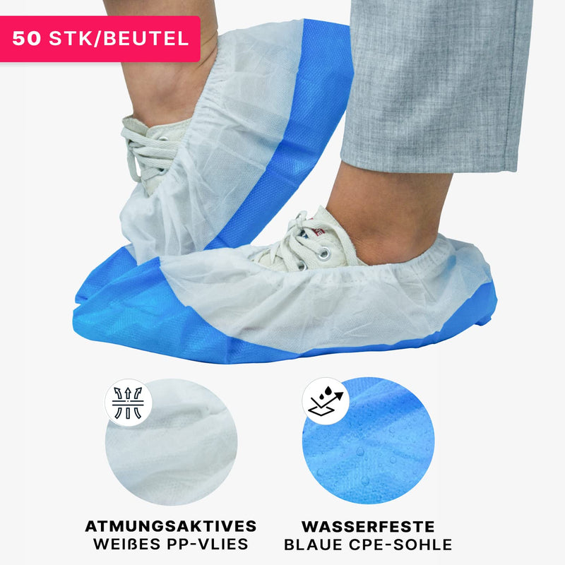 50x ARNOMED disposable shoe covers blue/white, overshoes with waterproof sole, reusable CPE+PP overshoes extra strong, shoe protection cover non-slip 17x40cm, tear-resistant overshoes for construction sites 050 pieces