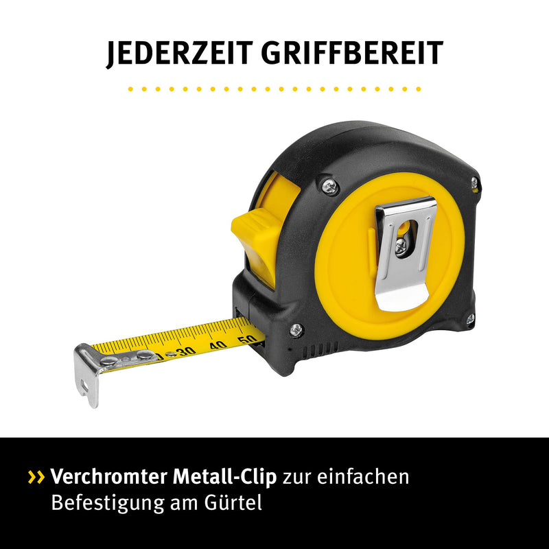 STABILA pocket tape measure BM 100, 5 m, tape measure with metric scale, shatterproof ABS housing, movable starting hook, belt clip, MID accuracy