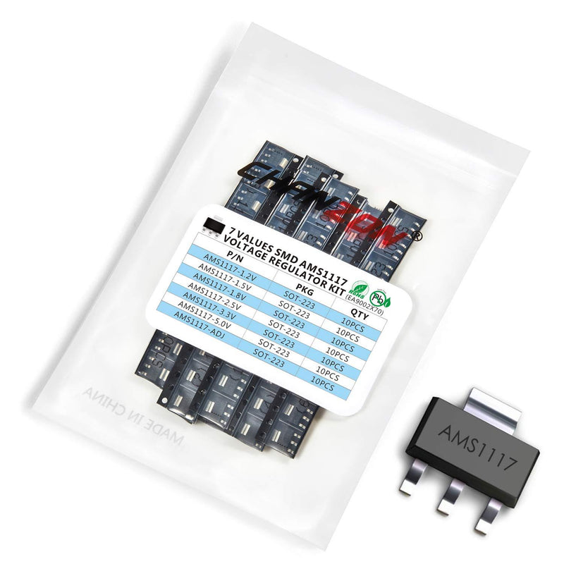 Chanzon 70pcs AMS1117 SOT-223 Kit Including 7 Values (1.2V 1.5V 1.8V 2.5V 3.3V 5V) Low Dropout Voltage Regulator SMD Transistor Each 10pcs