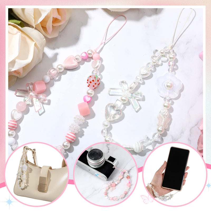 2 Pcs Phone Charms Strap Beaded Phone Strap Pink Cute Phone Charms Aesthetic Love Phone Lanyard Wrist Strap Beaded Phone Keychain Charm for Women Girl Gifts