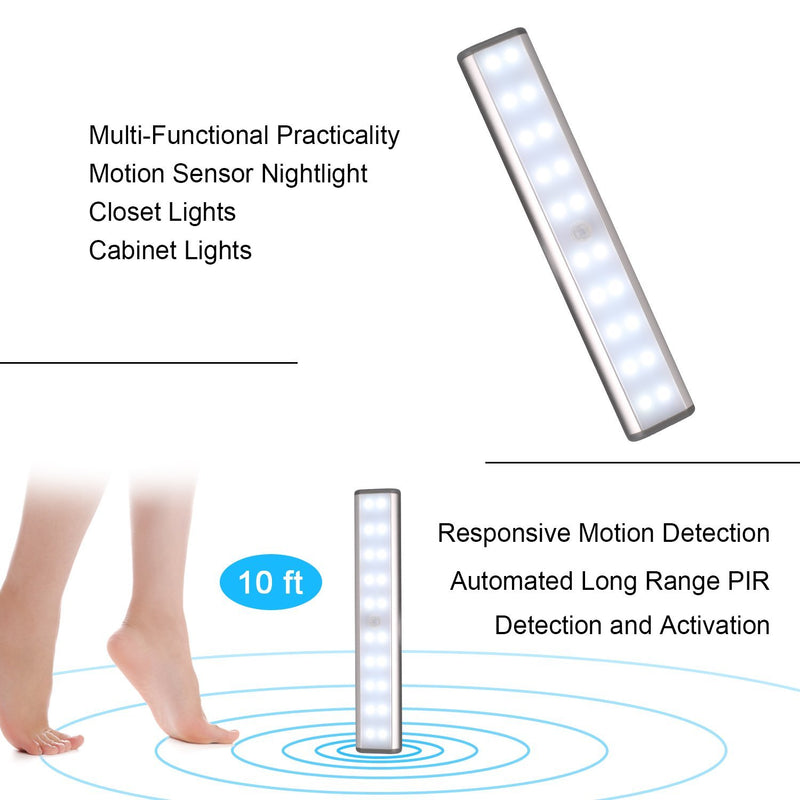 Closet Lights Wireless 20 Led Under Cabinet Lighting Motion Sensor Activated Build in Rechargeable Battery Operated Magnetic Little Safe Portable Night Light for Closet Cabinet Spice Rack (Silver)