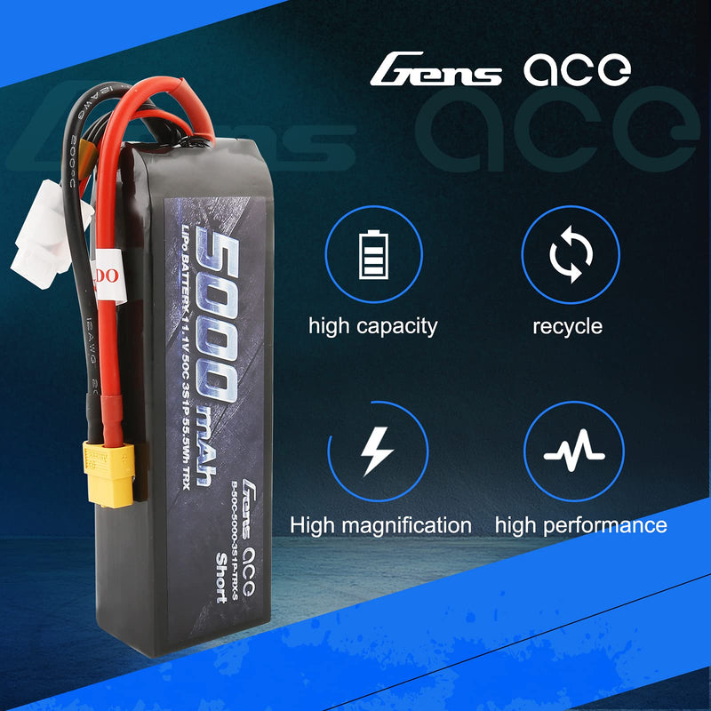 Gens ace 5000mAh 11.1V 3S 50C 3 Cell LiPo Battery Pack with XT60 and Deans Plug (Updated) for Traxxas RC Cars Slash vxl Slash 4x4 vxl E-maxx Brushless Axial e-revo Brushless and Spartan Models
