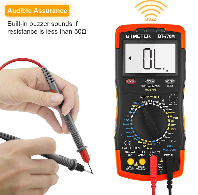Digital Multimeter TRMS 6000 Count, BTMETER BT-770M Auto/Manual Ranging DMM Electrical Meter Tester for AC/DC Amp, AC/DC Volt, Ohm Capacitance Frequency Continuity Temperature NCV, Auto Backlight BT-770M Manual Ranging