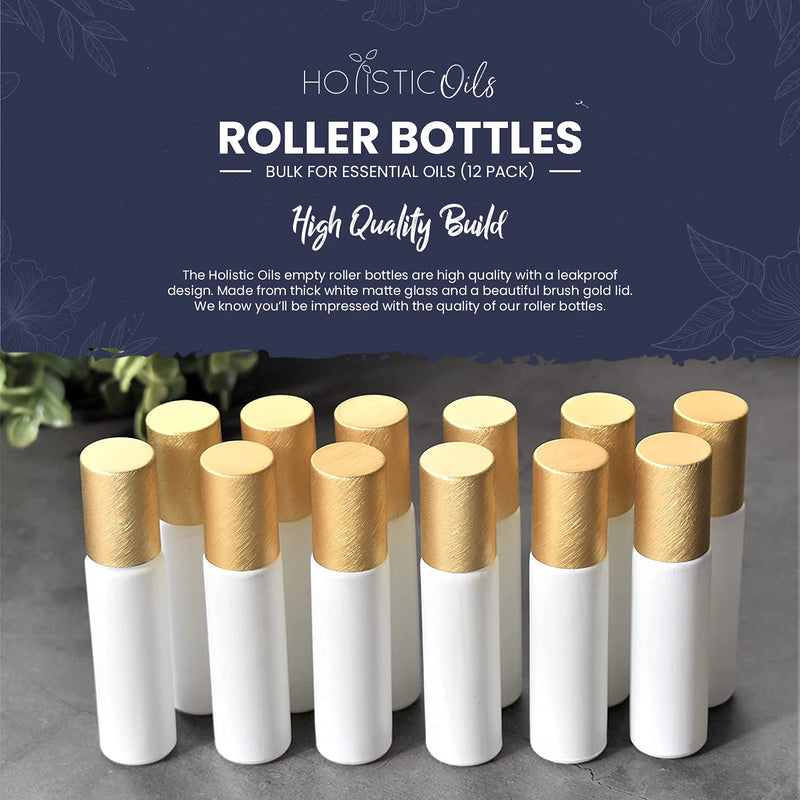 Holistic Oils Roller Bottles Bulk for Essential Oils (12 PACK) 10ml White Glass Roll-On Empty Roller Bottles with Stainless Steel Roller Balls to Apply Smoothly on Your Skin