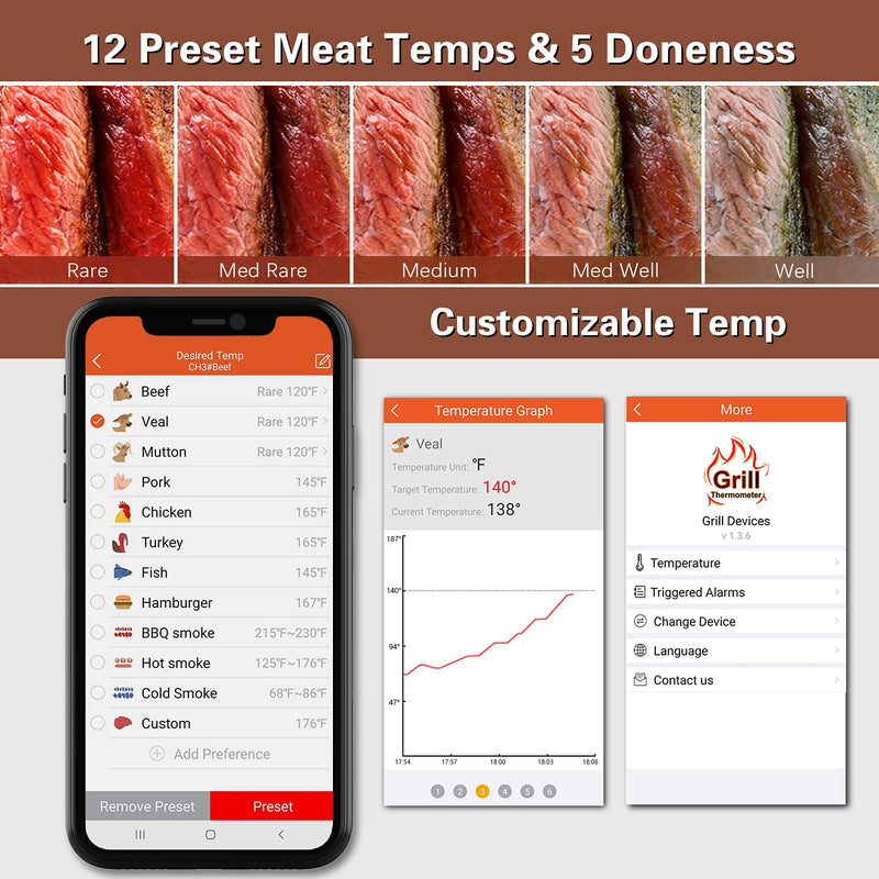 Bluetooth Meat Thermometer Wireless Meat Thermometer, Wireless Digital Grill Thermometer with 6 Temperature Probes, Large LCD Display, Bluetooth Thermometer for Grill, Smoker, Oven, Cooking and BBQ 6 Probes Black