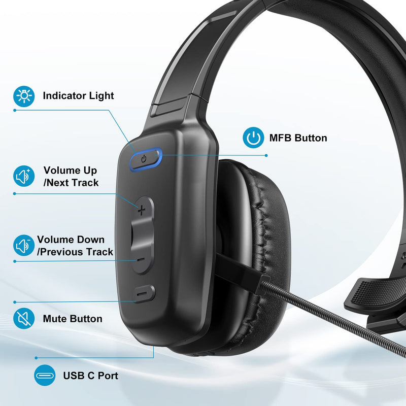 LEAYU Bluetooth Headset, Trucker Bluetooth Headset with Noise Canceling Microphone & Mute Button - Up to 35Hrs Talktime, Wireless Headphones for PC Computer Cell Phone Driver Home Office Work