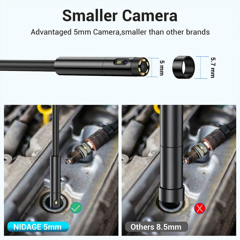 0.19inch Dual Lens Wireless Endoscope NIDAGE 5.0mm Automotive Snake Camera for Android iPhone Smartphone Tablet Waterproof WiFi Borescope Industiral Inspection Camera with 7 LEDs for Sewer Pipe 11.5FT