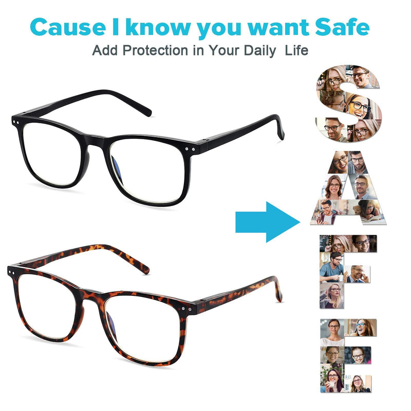 Blue Light Blocking Glasses, Blue Blocker Computer Glasses for Men Women, Anti Glare 400 UV & Eye Strain Fake Square Glasses Tortoise + Black