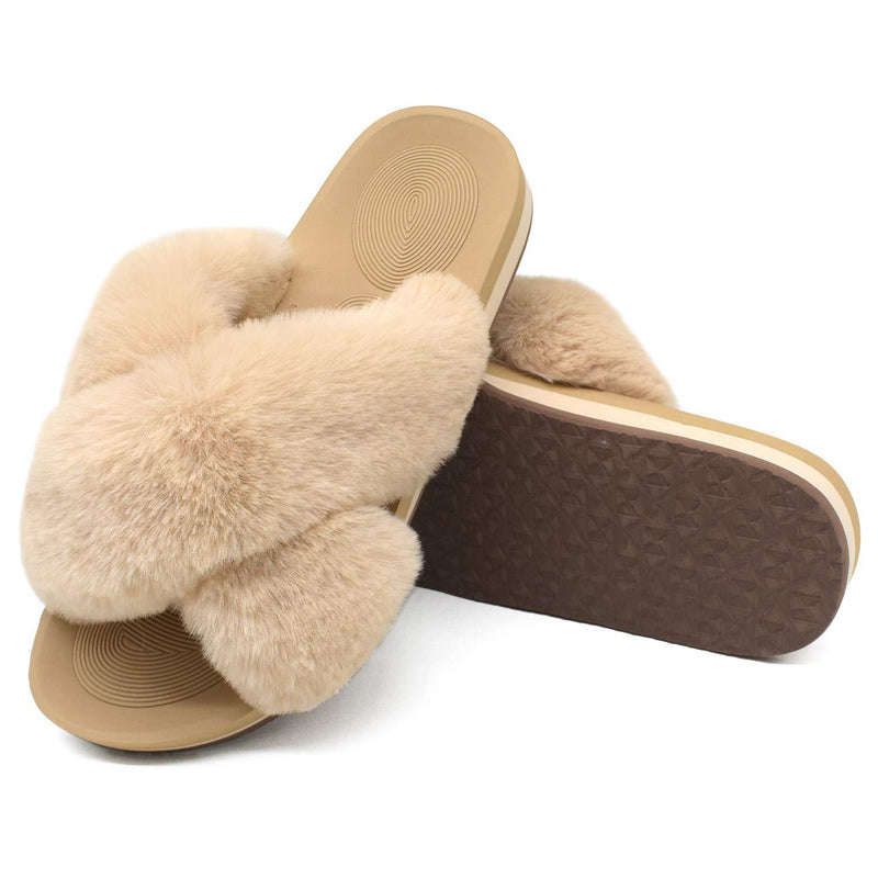 COFACE Womens Fuzzy Slides Fluffy Faux Fur House Slippers Open Toe Slip On Sandals Cozy Soft Yoga Mat Slippers Sandals with Arch Support Indoor Outdoor 5 Beige