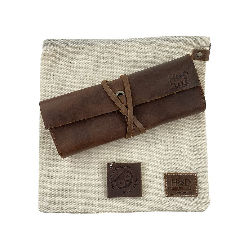 Hide & Drink, Rustic Leather Pencil Roll Pouch, Multi Purpose Storage Wrap for Scissors, Earphones, Organizer for Craft, Work, Study, Handmade Includes 101 Year Warranty :: Bourbon Brown