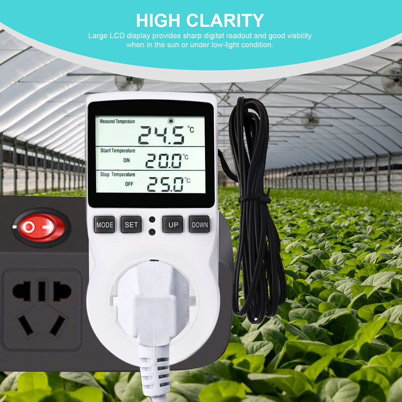 RUIZHI Digital Temperature Controller Sockets Heating Cooling Thermostat 250V with Sensor Socket and Probe LCD Screen for Greenhouse, Aquarium, Terrarium, Reptiles (EU).