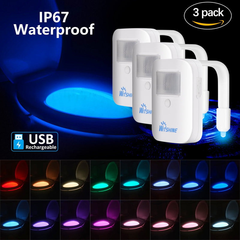 Rechargeable Toilet Bowl Night Light,16-Color Led Motion Sensor Nightlight, Cool Fun Unique Gadget Funny Birthday Gag Gift Idea for Husband Men Dad Mom Him Kids Mother Father Day (3 Pack) 3 Pack