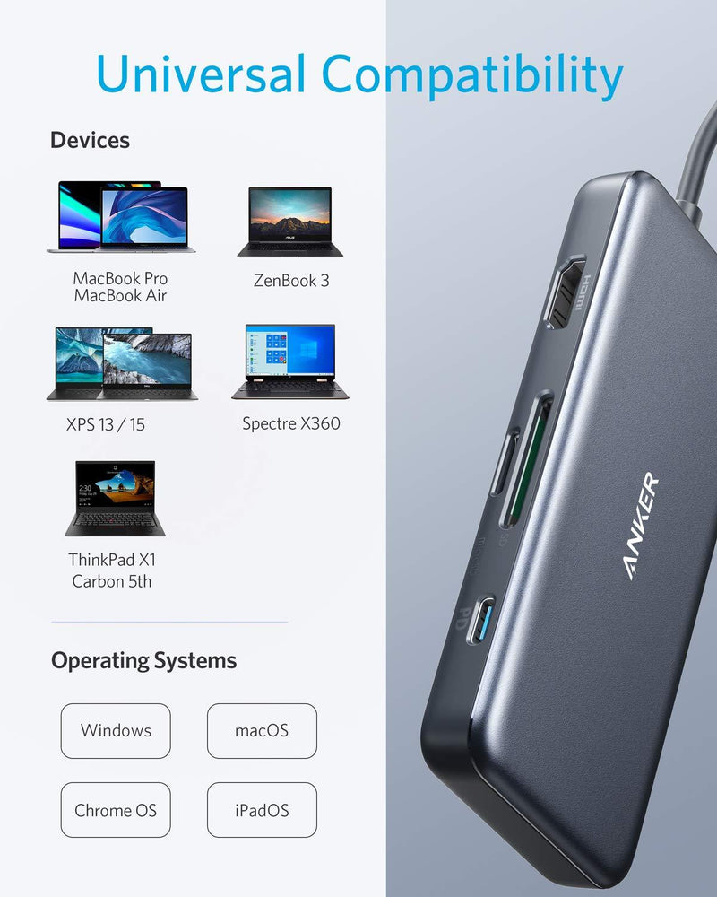 Anker USB C Hub, PowerExpand+ 7-in-1 USB C Hub Adapter, with 4K HDMI, 100W Power Delivery, USB-C and 2 USB-A 5Gbps Data Ports, microSD and SD Card Reader, for MacBook Air, MacBook Pro, XPS, and More