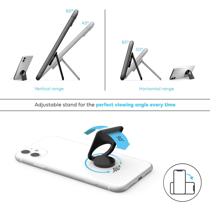 phonetag - Mobile Cell Phone Kickstand (Adjustable Angle, Portrait and Landscape Stand), Finger Ring Grip Holder, for Magnetic car mounts, Compatible with Most Smartphones (Black) Black