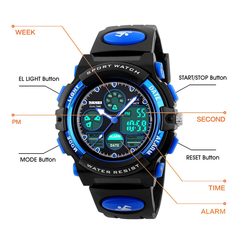 Boys Digital Watch Outdoor Sports 50M Waterproof Electronic Watches Alarm Clock 12/24 H Stopwatch Calendar Wristwatch - Black Blue