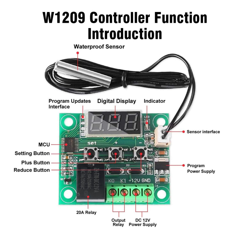 W1209 LED Digital Thermostat RUIZHI Pack of 2 W1209 Digital Temperature Controller Controller Temperature Temp Control Switch Module Board DC 12V -50~110°C with Waterproof Sensor Probe Heating/Cooling