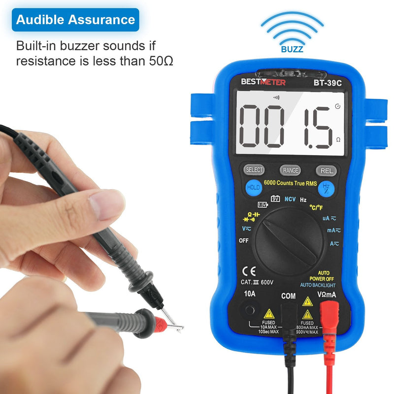 BTMETER BT-39C True RMS Multimeter, Auto Range Digital Avometer 6000 Counts Accurate Measures AC/DC Amps, Volts, Ohms, Capacitance,Frequency with Auto Backlight, NCV Temp Test BT-39C W/ Temp Measurement (BLUE)
