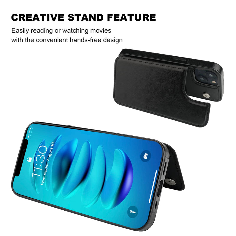 ONETOP Compatible with iPhone 14 Wallet Case with Card Holder, PU Leather Kickstand Card Slots Case, Double Magnetic Clasp and Durable Shockproof Cover 6.1 Inch (Black) Black