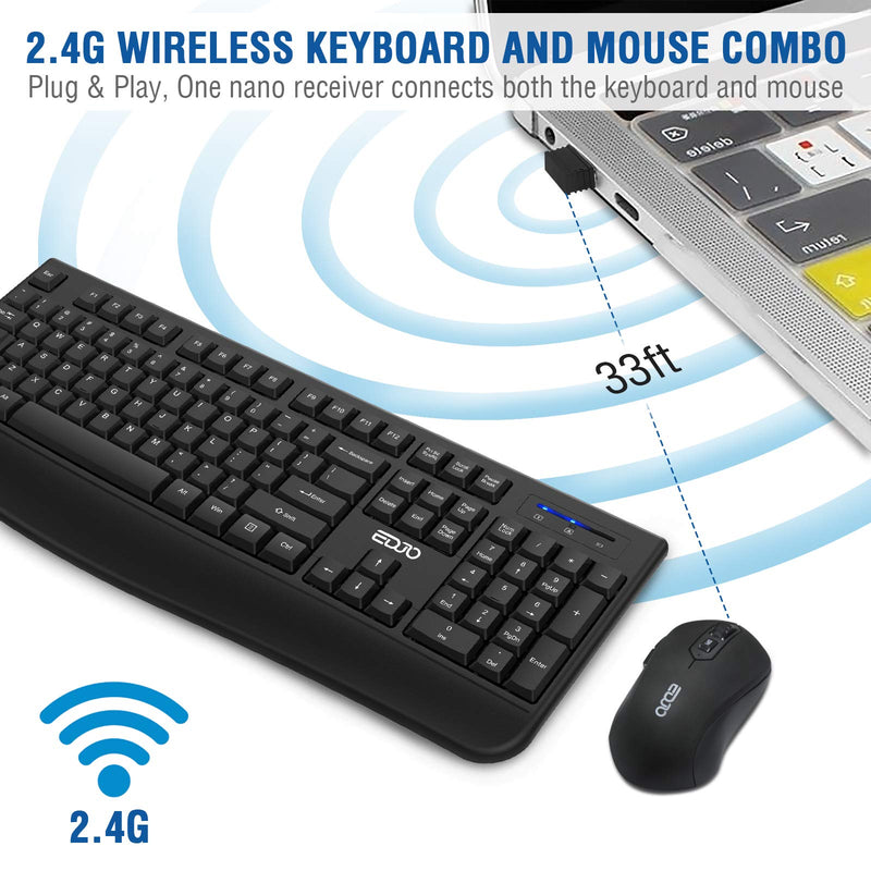 Wireless Keyboard and Mouse Combo, EDJO 2.4G Full-Sized Ergonomic Computer Keyboard with Wrist Rest and 3 Level DPI Adjustable Wireless Mouse for Windows, Mac OS Desktop/Laptop/PC black